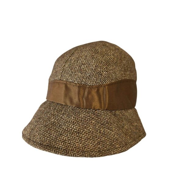 Nest Y2K Brown Wool Herringbone Cloche Bucket Hat Hand Embellished Silk Band